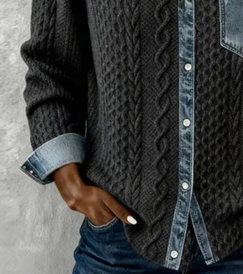 Ambra | Patchwork-Striktop med Denimdetaljer